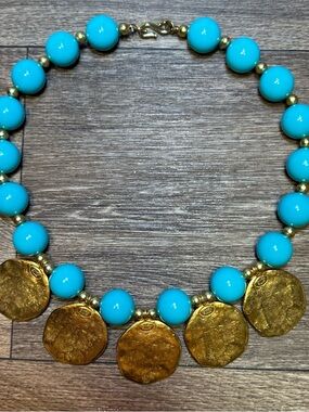 Kenneth Jay Lane Turquoise Bead Necklace Gold Coin 20”